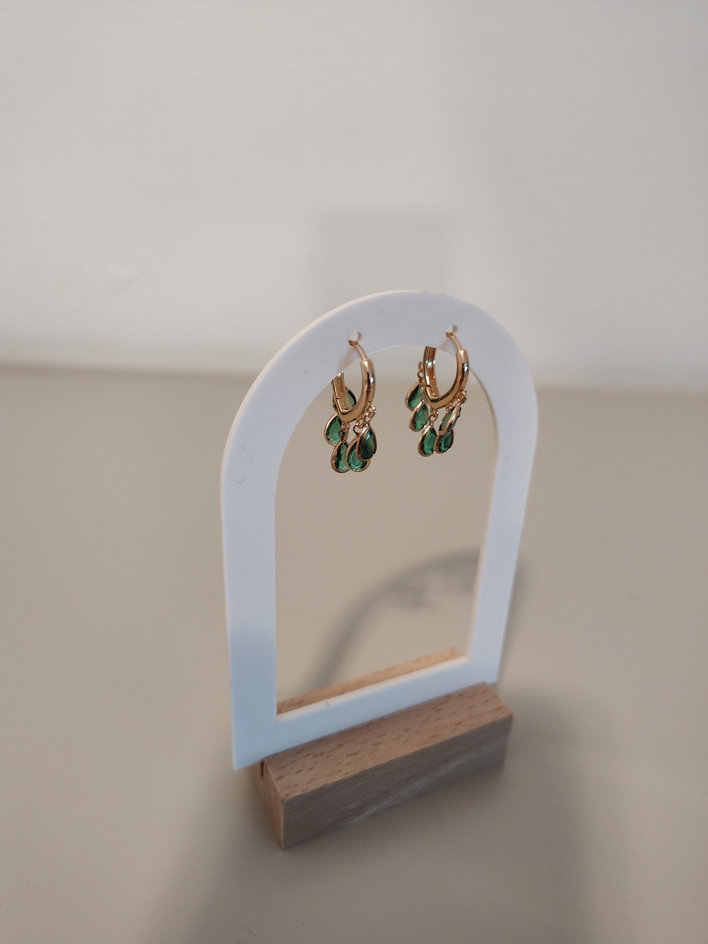 Gold Hoop Earrings with Green Enamel Leaf Charms
